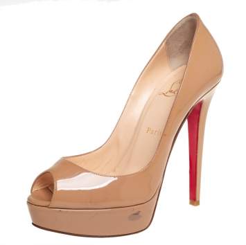 Pre Owned Christian Louboutin Beige Patent Leather Lady Peep Toe Platform Pumps Size 38