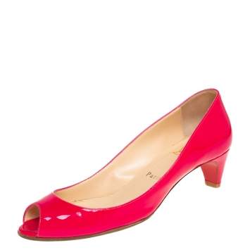 Pre Owned Christian Louboutin Pink Patent Leather Kitten Heel Peep Toe Pumps Size 37