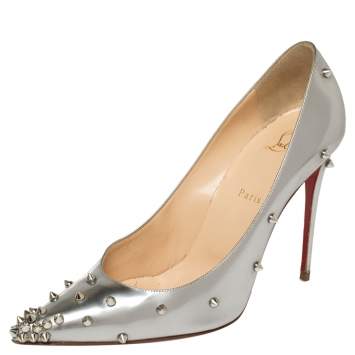 Pre Owned Christian Louboutin Metallic Silver Leather Degraspike Pointed Toe Pumps Size 41