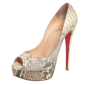 Pre Owned Christian Louboutin Grey/Cream  Python Lady Peep Pumps Size 37