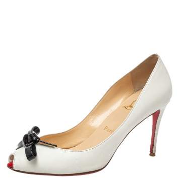 Pre Owned Christian Louboutin White Leather Tibunodo Bow Peep Toe Pumps Size 36