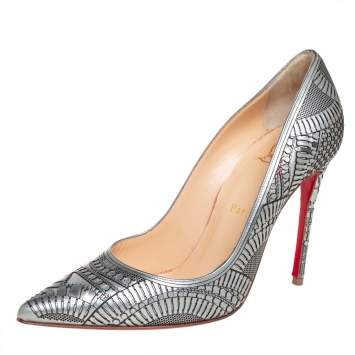 Pre Owned Christian Louboutin Silver Leather Kristali Laser-Cut Pumps Size 37.5