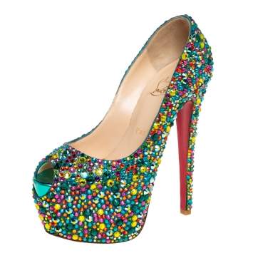Pre Owned Christian Louboutin Green Leather Highness Crystal Embellished Pumps Size 36.5
