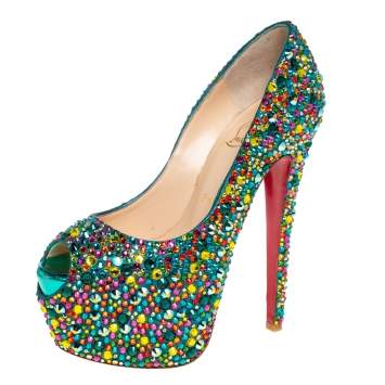 Pre Owned Christian Louboutin Green Leather Highness Crystal Embellished Pumps Size 37.5