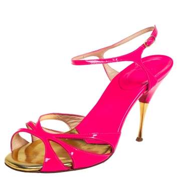 Pre Owned Christian Louboutin Pink/Gold Patent Leather  Ankle Strap Sandals Size 38.5