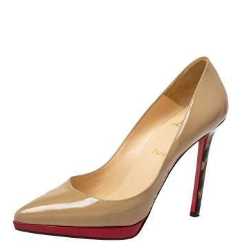 Pre Owned Christian Louboutin Beige Patent Leather Decollete Platform Pointed Toe Pumps Size 39.5