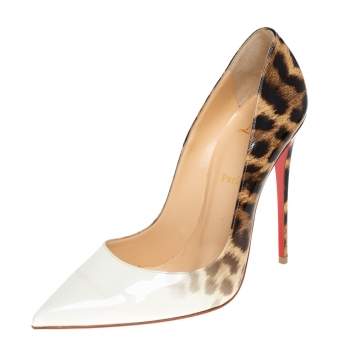 Pre Owned Christian Louboutin White And Leopard Print Patent Leather So Kate Pumps Size 40.5
