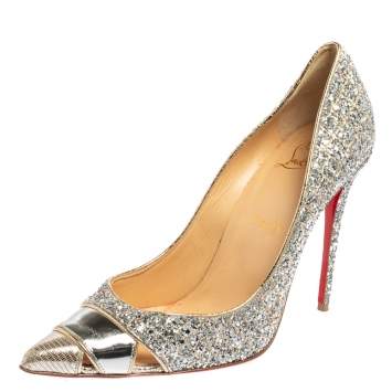 Pre Owned Christian Louboutin Silver Leather and Coarse Glitter Pointed Toe Pumps Size 39
