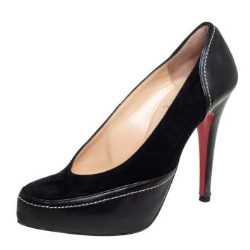 Pre Owned Christian Louboutin Black Suede And Leather Defil Pumps Size 37.5