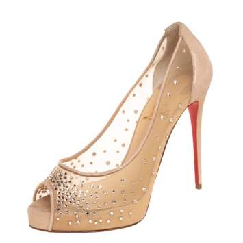 Pre Owned Christian Louboutin Beige Crystal Embellished Mesh and Suede Very Strass Peep Toe Pumps Size 38.5