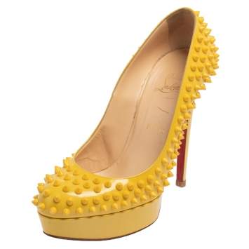 Pre Owned Christian Louboutin Yellow Patent Leather Bianca Spike Platform Pumps Size 39