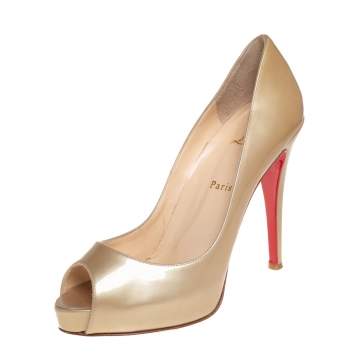 Pre Owned Christian Louboutin Metallic Beige Patent Leather New Prive Patform Peep Toe Pumps Size 38