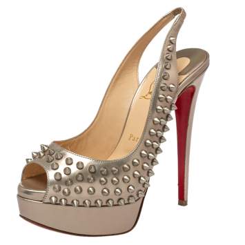 Pre Owned Christian Louboutin Gold  Leather Clou Noeud Platform Slingback Sandals Size 37.5
