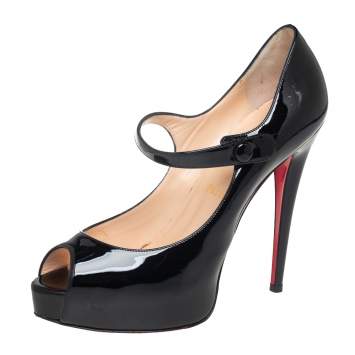Pre Owned Christian Louboutin Black Patent Leather Alta Lowa Peep Toe Mary Jane Pumps Size 38