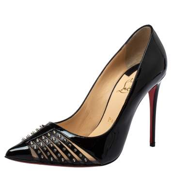 Pre Owned Christian Louboutin Black Patent And Leather Spiked Bareta Pumps Size 37