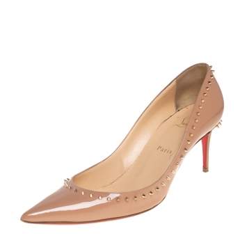 Pre Owned Christian Louboutin Beige Patent Leather Anjalina Spiked Pumps Size 40