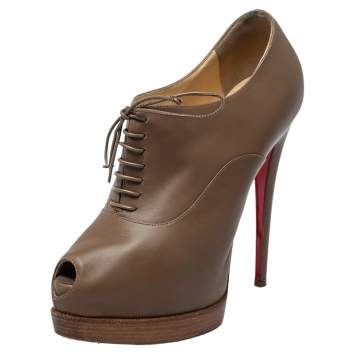 Pre Owned Christian Louboutin Brown Leather Miss Poppins Lace Up Peep Toe Platform Booties Size 40