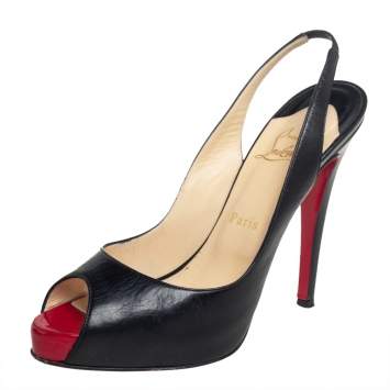 Pre Owned Christian Louboutin Black Leather Private Number Slingback Sandals Size 39 