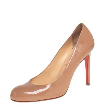 Pre Owned Christian Louboutin Beige Patent Leather Simple Pumps Size 38.5