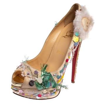 Pre Owned Christian Louboutin Beige Satin 'Make Up Trash' Lady Peep Toe Platform Pumps Size 39.5 