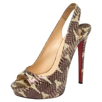Pre Owned Christian Louboutin Brown/Beige Python Lady Peep Toe Platform Slingback Sandals Size 40