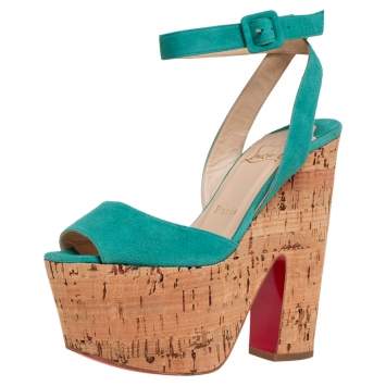 Pre Owned Christian Louboutin Blue Suede Super Dombasle Platform Cork Wedge Ankle Strap Sandals Size 36