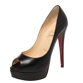 Pre Owned Christian Louboutin Black Leather Lady Peep Toe Platform Pumps Size 36.5