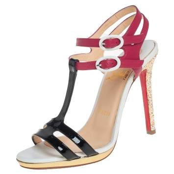 Pre Owned Christian Louboutin Tri Color Leather Glitter Heel Ankle Strap Sandals Size 35