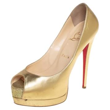 Pre Owned Christian Louboutin Gold Leather Palais Royal Peep Toe Platform Pumps Size 38 
