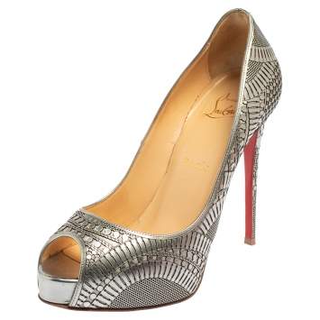 Pre Owned Christian Louboutin Silver Leather Suellena Laser Cut Peep Toe Pumps Size 37