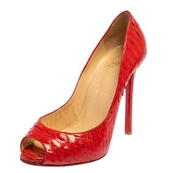 Pre Owned Christian Louboutin Red Python Flo Peep Toe Pumps Size 37