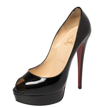 Pre Owned Christian Louboutin Black Patent Leather Lady Peep Toe Platform Pumps Size 38