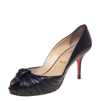 Pre Owned Christian Louboutin Black Leather Knot Peep Toe Pumps Size 40.5