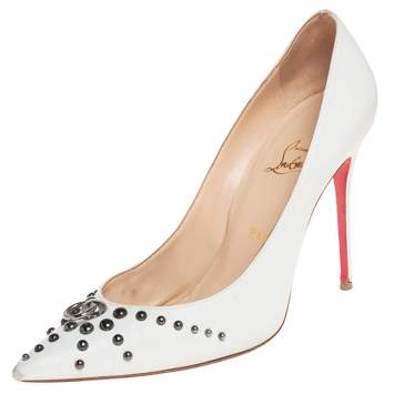 Pre Owned Christian Louboutin White Leather Door Knock Studded Pumps Size 41