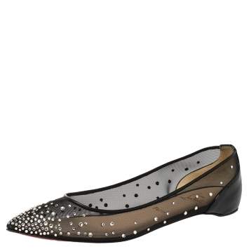 Pre Owned Christian Louboutin Black Mesh and Patent Leather Body Strass Ballet Flats Size 39