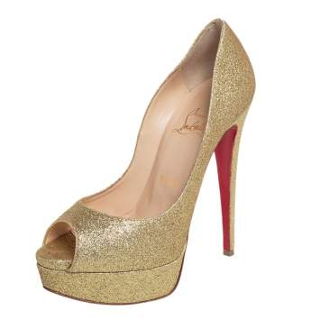 Pre Owned Christian Louboutin Gold Glitter Lady Peep Toe Platform Pumps Size 36.5