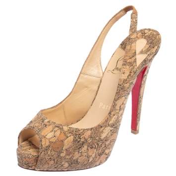 Pre Owned Christian Louboutin Cork Private Number Peep Toe Slingback Platform Sandals Size 36.5