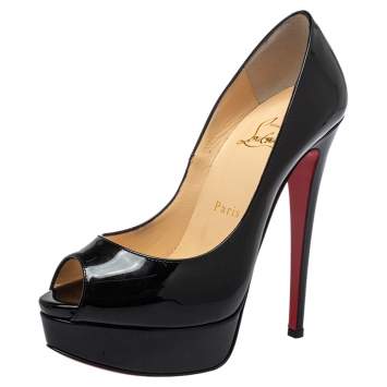 Pre Owned Christian Louboutin Black Patent Leather Lady Peep Platform Pump Size 36.5