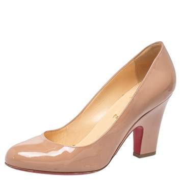 Pre Owned Christian Louboutin Beige Patent Leather Cadrilla Block Heel Pumps Size 39.5