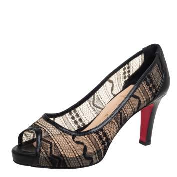 Pre Owned Christian Louboutin Black Lace And Leather Very Prive Peep Toe Pumps Size 38