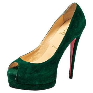 Pre Owned Christian Louboutin Green Suede Lady Peeptoe Pumps Size 38