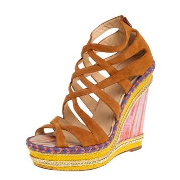 Pre Owned Christian Louboutin Brown Suede Caged Espadrille Tosca Wedge Sandals Size 39