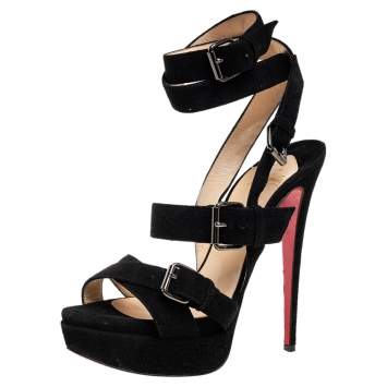 Pre Owned Christian Louboutin, Black Suede toutenkaboucle Platform Buckled Ankle Straps Sandals Size 40