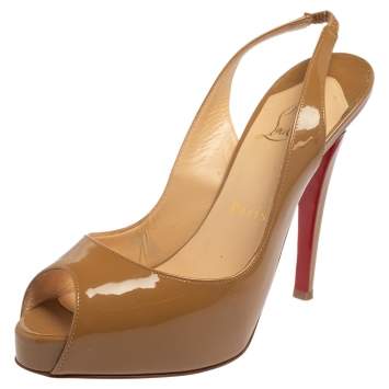 Pre Owned Christian Louboutin Beige Patent Leather New Prive Peep Toe Slingback Sandals Size 37
