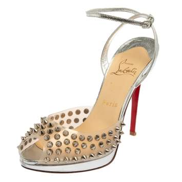 Pre Owned Christian Louboutin Sliver PVC And Leather Spike Ankle Strap Sandals Size 37.5