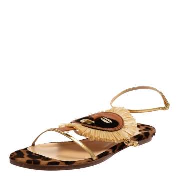 Pre Owned Christian Louboutin Multicolor Leather And Raffia Rastafari Flat Sandals Size 38.5