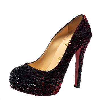 Pre Owned Christian Louboutin Black/Red Sequins Bianca Platform Pumps Size 37.5