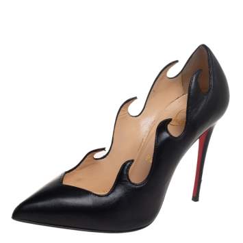 Pre Owned Christian Louboutin Black Leather Olavague Flame Pointed Toe Pumps Size 36.5