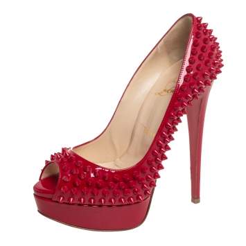 Pre Owned Christian Louboutin Red Patent Lady Peep Toe Spikes Platform Pumps Size 37