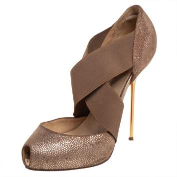 Pre Owned Christian Louboutin Beige Textured Leather Big Dorcet Peep Toe Pumps Size 39